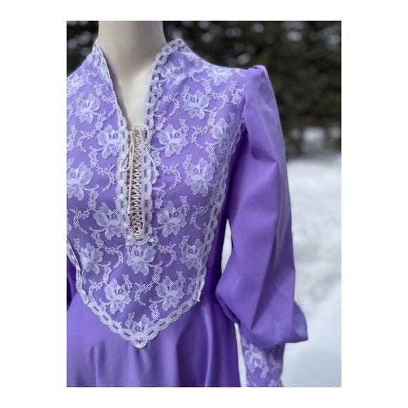 Vintage 70s Prairie Style Maxi Dress Lilac Lace Cottagecore Farmcore M - Picture 2 of 15